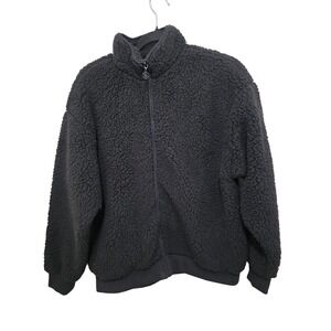 Victori's Secret Black Sherpa Full-Zip Jacket With Stand Collar & Ribbed Hem Siz